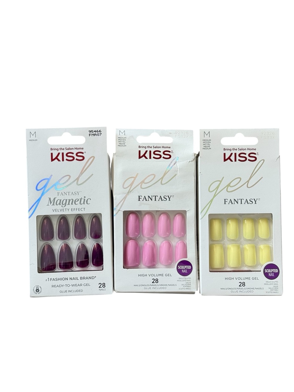 Kiss Gel Fantasy Medium Square/Almond/Round Pink Purple Yellow Press On Nails x3